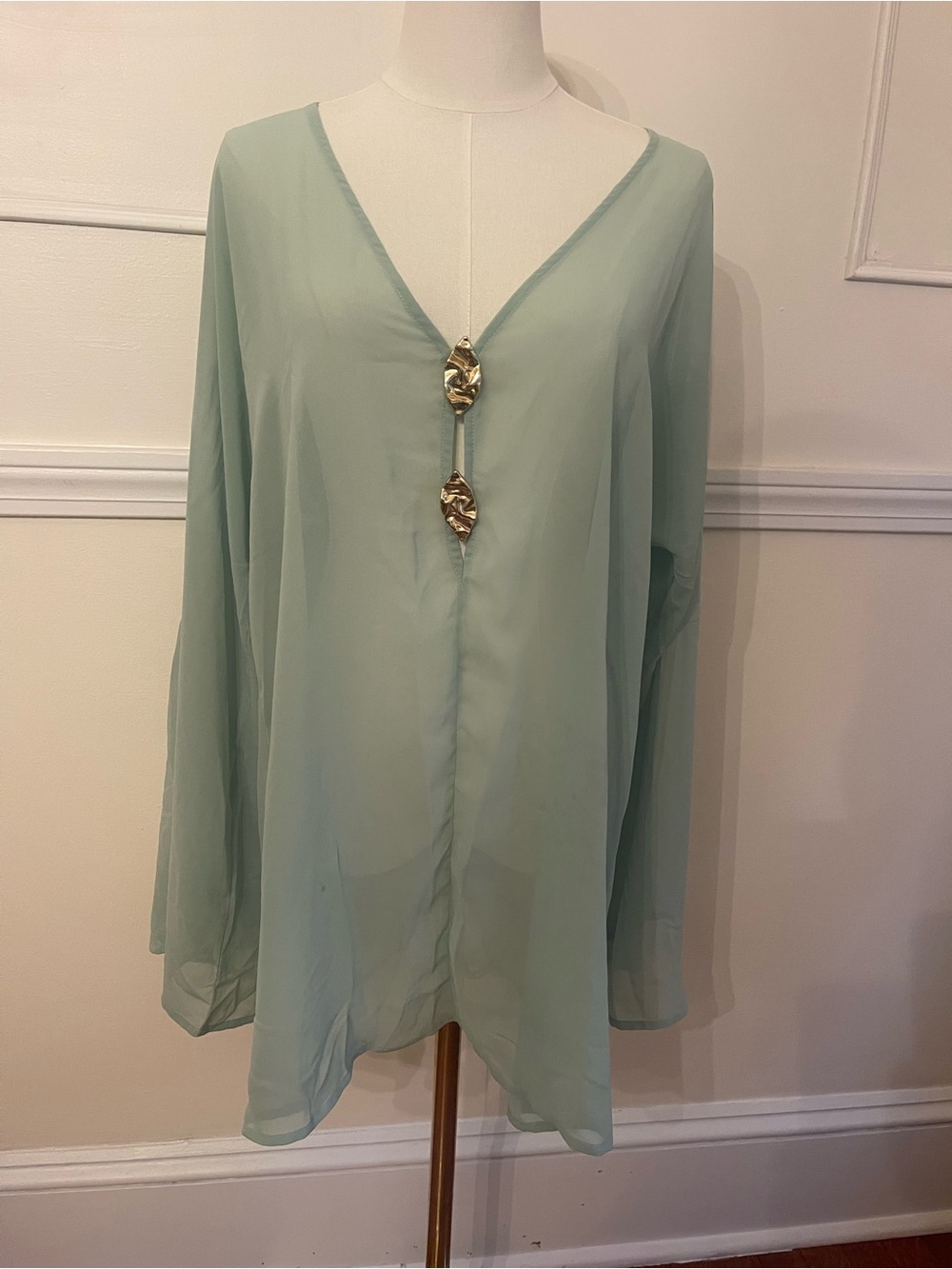 Light Sagey Green V-Neck Chiffon Beachy Cover Up Tunic with Gold Accents